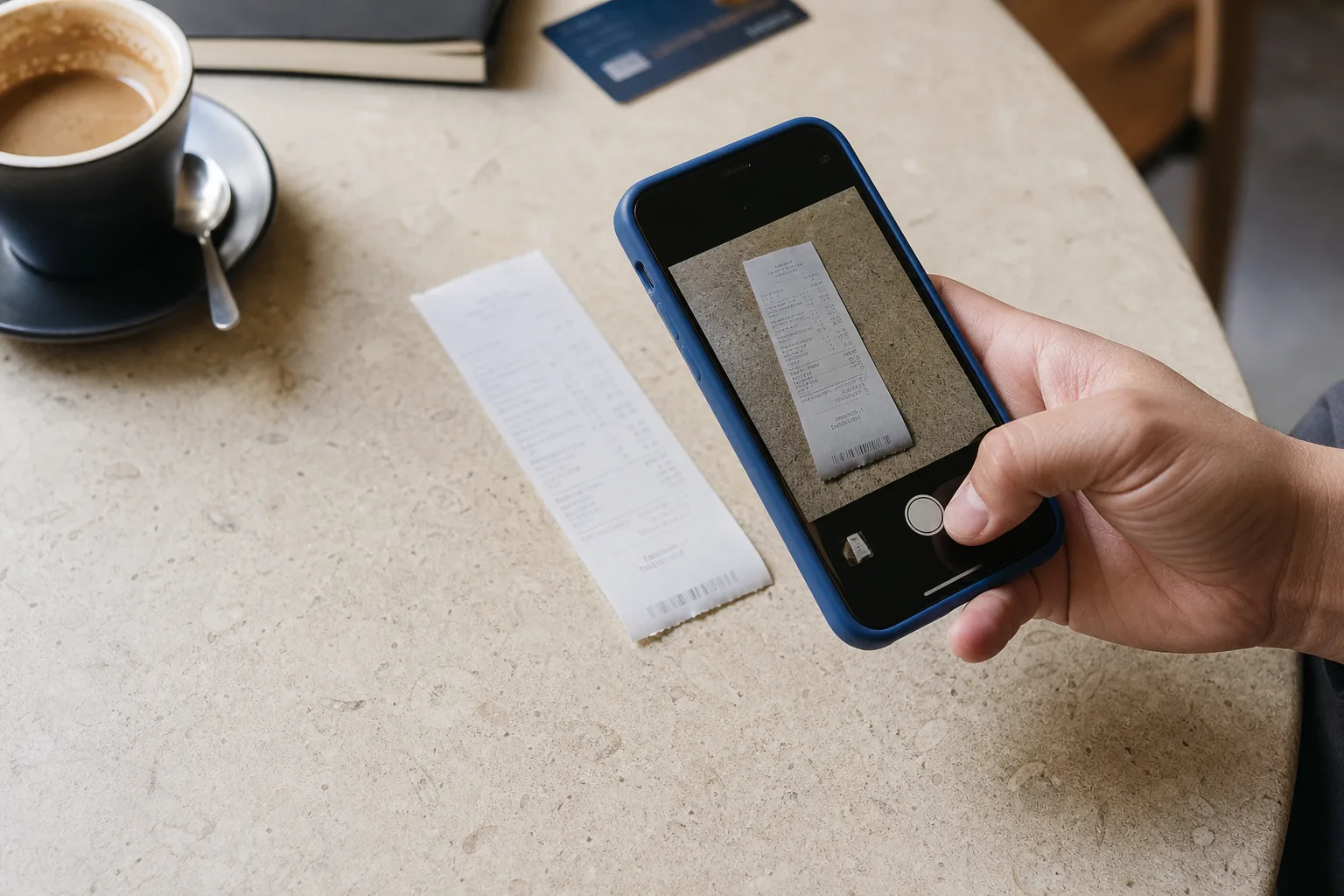 A person photographing a café receipt with their phone